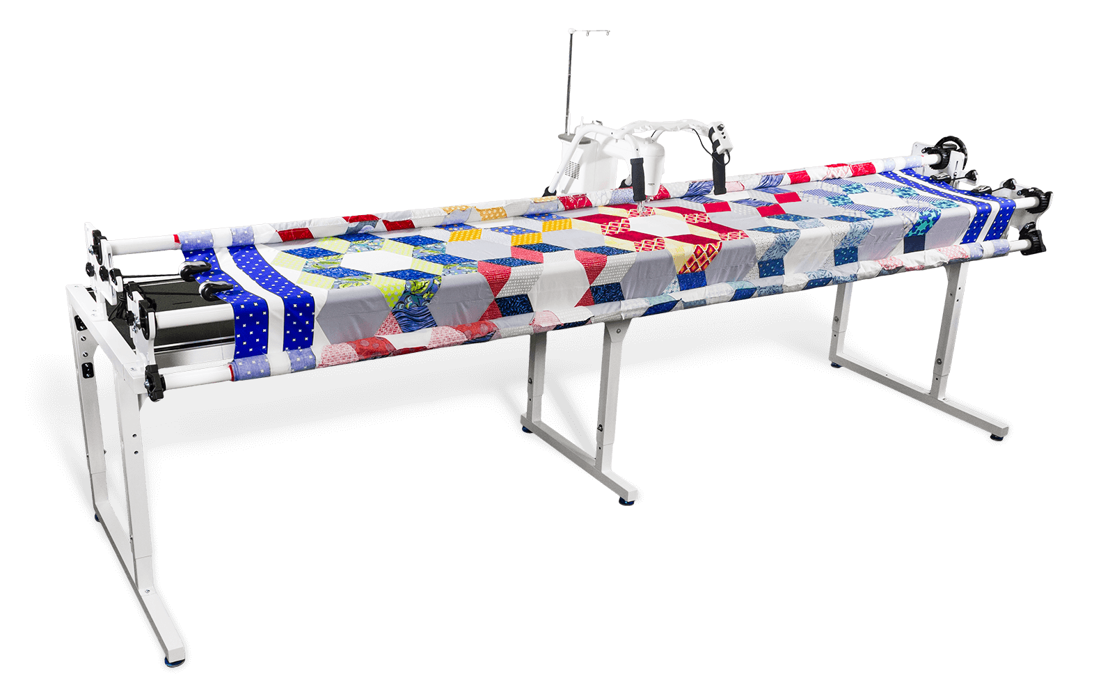 small-arm sewing machine on quilting frame
